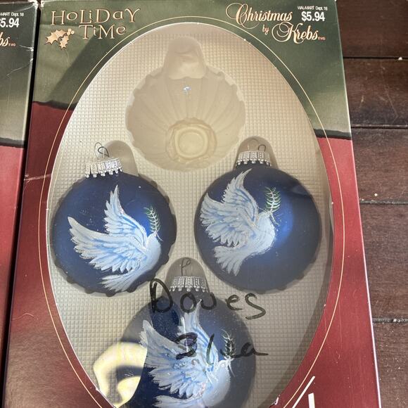 Vintage Krebs Lot of 6 Glitter Hand Painted Doves Blue Glass Ball Ornaments - Picture 2 of 9